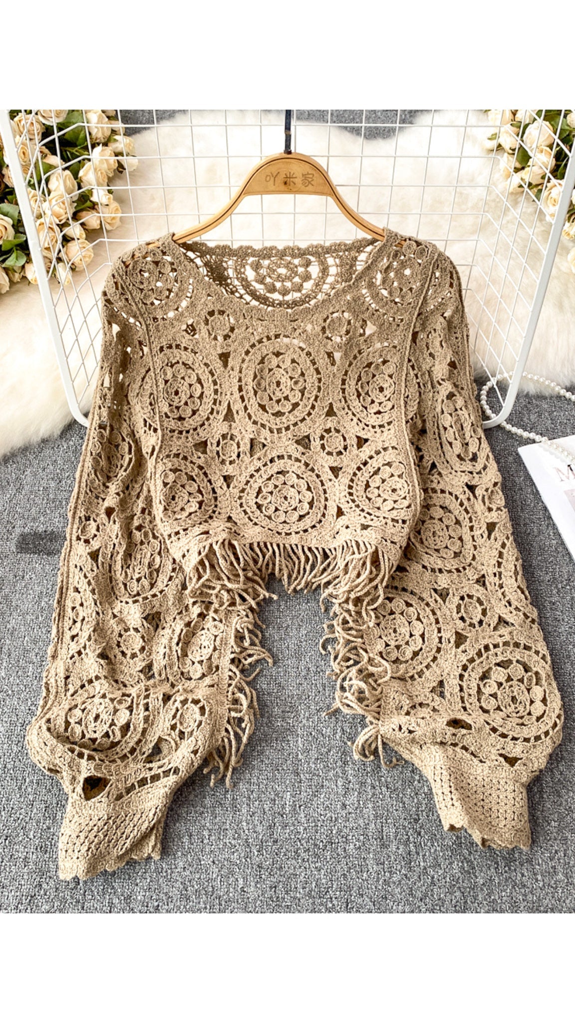 Camille Crochet Midriff Top With Oversized Sleeves (One Size)