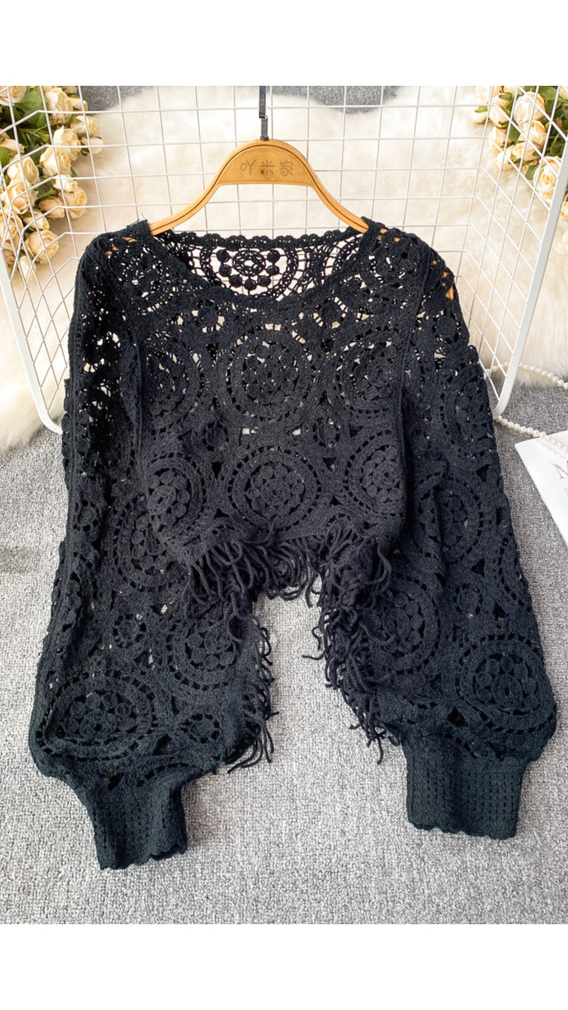 Camille Crochet Midriff Top With Oversized Sleeves (One Size)